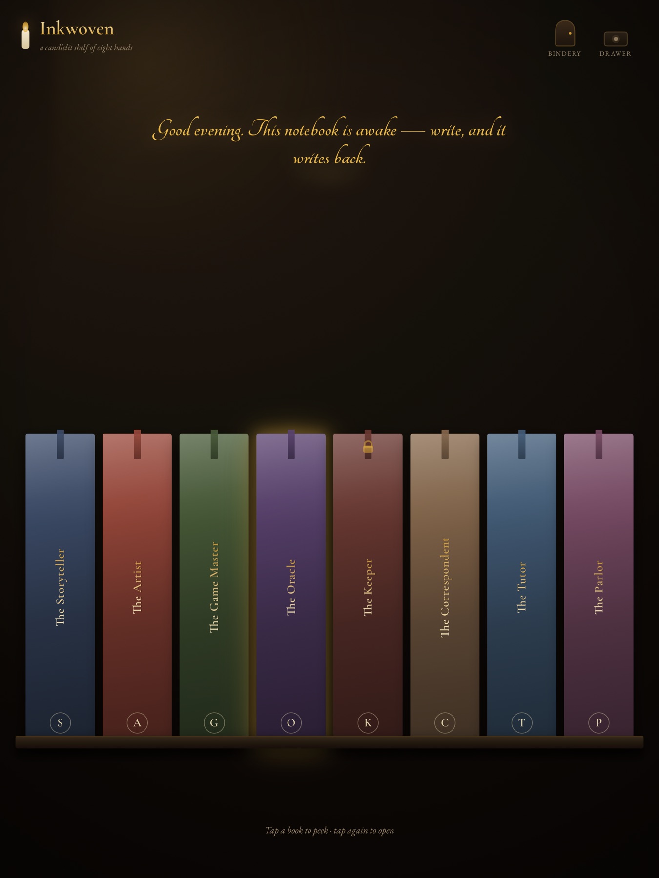 The Inkwoven shelf: eight cloth-bound books on a candlelit shelf, greeting the reader in golden script.